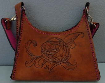 Leather Purse hand tooled by Artrix Leather and Fine Art -Leather Rose Purse with Silk Lining