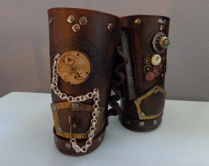 Leather Cuff by Artrix Leather and Fine art - Pair of Steampunk "Cowboy" Style Cuffs