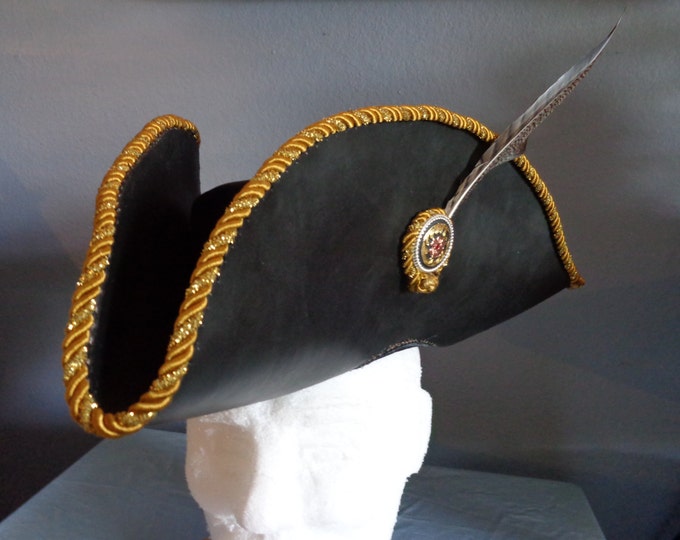 Tricorn Leather Hat With Gold Braided Edge, Silver and Gold Concho, Pheasant Feather and Lining by Artrix Leather and Fine Art