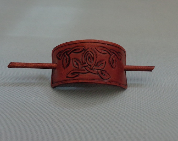 Leather Hair Slide hand tooled by Artrix Leather and Fine Art- 3 Celtic Knot