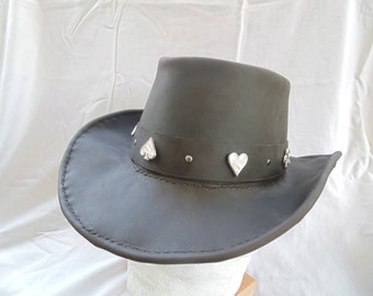 Leather Gambler Style Hat with Card Suits and Rivets Hat Band by Artrix Leather and Fine Art