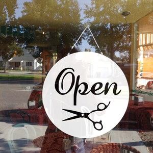 Hair salon Open closed sign,store sign, business sign, circle shape, hair salon with scissor sign.