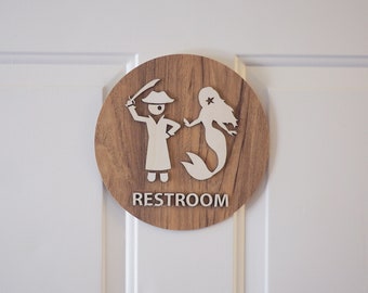 Mermaid and Pirate, office Unisex Restroom Bathroom Sign