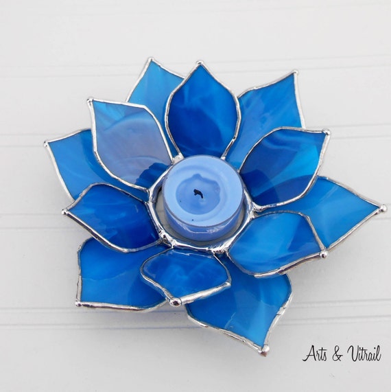 Fleur De Lotus Bleue En Vitrail Soudure Décorative Bougeoir Magnifique Décoration Zen Pour Un Chauffe Plat Ou Une Bougie Voltige