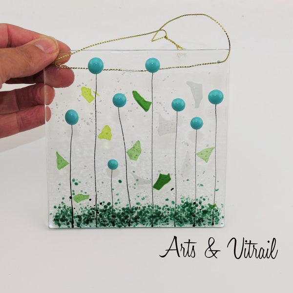 Turquoise Flowers Suncatcher, Fused Glass Suncatcher on Clear Glass