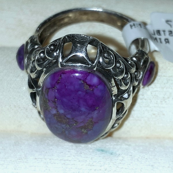 Sterling Silver Purple Jade Cabochon and Amethyst ring size 5.5