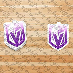 Calcomanía de vinilo con el logotipo principal de Los Vegas Golden Knights, con purpurina violeta, para concienciar sobre el cáncer de mama, resistente al agua y al sol