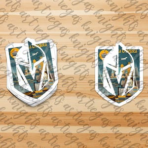 Logotipo principal de Las Vegas Golden Knights / Dibujo animado ilustrado de Las Vegas Strip / Adhesivo de vinilo / Resistente al agua / Resistente al sol