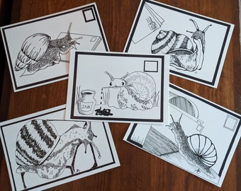 Snail Mail Original artwork postcards | Snail postcards | Set of 5 Snail Mail Postcards