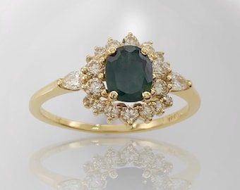 14k gouden blauwgroen blauwe saffierring met diamanten halo – ovale saffier verlovingsring – vintage geïnspireerde fijne sieraden