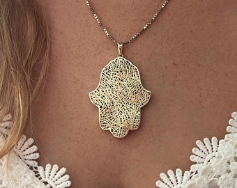 Etnische 14 kt gouden hamsa-ketting Authentiek uniek en hol ontwerp, massief gouden hamsa-hanger in Marokkaanse stijl, grote 14k gouden hamsa-ketting