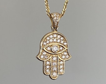 Hamsahandketting diamant | 14K gouden hanger | 1,05 kt in het lab gekweekte diamanten | Boze oogketting | Spirituele sieraden