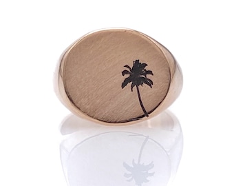 14k massief roségouden zegelpalmring voor mannen en vrouwen, palmboomring voor heren en dames, 14k gouden palmring, palmsieraden