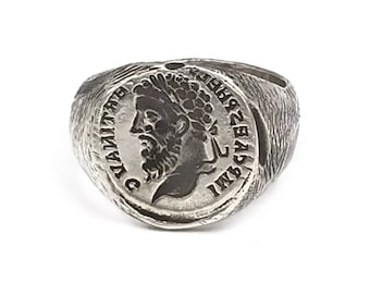 Anillo de sello, anillo de sello de plata, anillo de moneda, anillo de caballero, moneda romana antigua, regalo, anillo bohemio, moneda romana, estilo hipster, joyería griega
