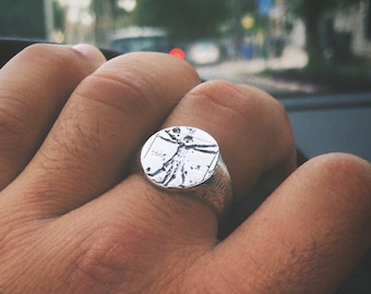 Sterlingzilveren Leonardo da Vinci-zegelring, signatuurring, herenring, zilveren ring, herenring, Leonardo de Vinci, statementring, voor hem