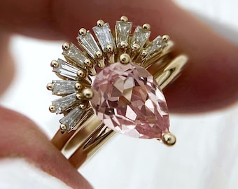 Peer morganiet en taps toelopende baguette diamanten gouden nestring set, in het lab gekweekte morganiet ring, high-end taps toelopende diamanten ring, baguette ring