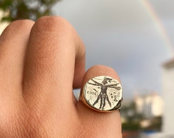 9K Gold Leonardo da Vinci Signet Ring, Gold Ruby Ring, Men and Women Gold Signet Ring, Ancient Coin Ring, 9k Gold Pinky Ring, Statement Ring