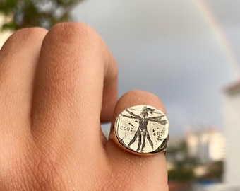 9 kt gouden zegelring van Leonardo da Vinci, gouden robijnring, gouden zegelring voor mannen en vrouwen, ring met oude munt, 9 kt gouden pinkring, statementring