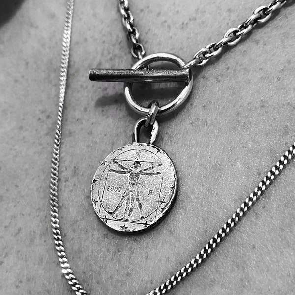 Sterling Silver Leonardo da Vinci Necklace, Signet coin Necklace , Oxidised Silver Necklace, Men Necklace, Women Necklace, Toggle Necklace