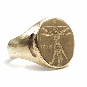 14k Gold Leonardo da Vinci Signet Ring, Men and Women Gold Signet Ring, Ancient Coin Ring, Leonardo de Vinci Gold Jewelry, Statement Ring