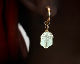 Gouden muntoorbellen palmboom, gouden muntoorbellen, palmoorbellen, 14k gouden oorbellen, boho-oorbellen, gouden hoepeloorbellen, damesoorbellen