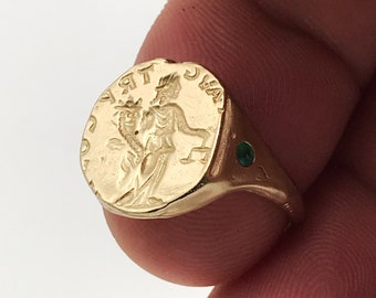 14K Solid gold pinky ring for men, Gentleman ancient coin signet ring set with genuine emerald gemstone