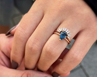 Peer saffier en taps toelopende baguette diamanten gouden nesting ring set, in het lab gekweekte saffier ring, high-end taps toelopende diamanten ring, baguette ring