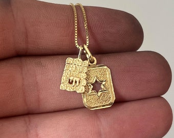 Chai on the western wall & star of david 14k Gold Necklace, Magen David Gold Necklace, Chai Gold Necklace, Coin Gold Necklace