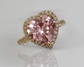 Hartvormige ring roze morganiet en diamant | 14k gouden verlovingsring | Natuurlijke edelsteenring | Romantisch cadeau voor haar