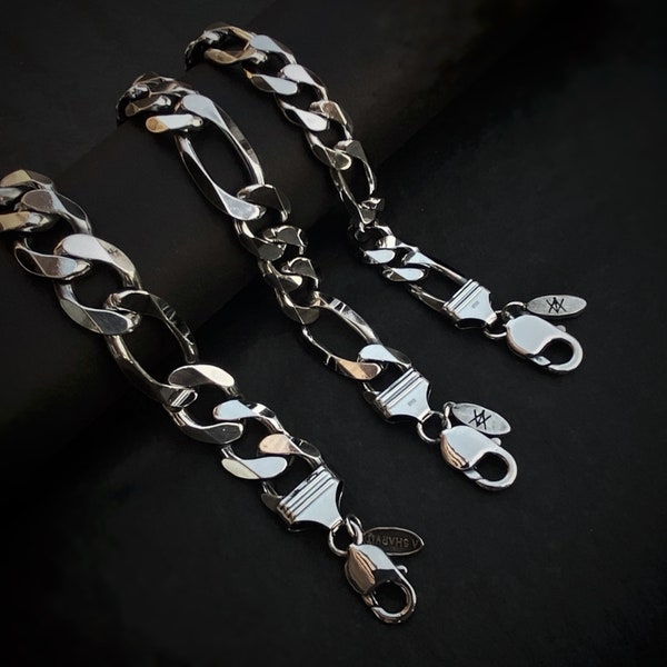 925 Sterling Silver Bold Figaro Link Chain Bracelet, Figaro Bracelet, Silver Figaro Bracelet, Mens Figaro Silver Bracelet, Figaro Chain