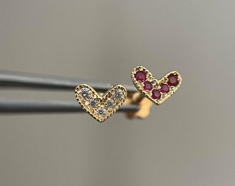 Gold Heart Earrings, Set with 0.07ct Natural Diamonds or Ruby Stones, Lube Gold Piercing.