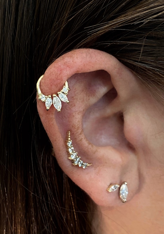 14k Gold Marquise Helix Piercing With 0.5ct Moissanite Stones High Helix Gold Piercing Low Helix Gold Piercing. Etsy