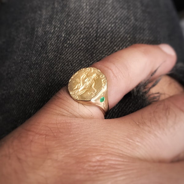 14K Solid gold pinky ring for men, Gentleman ancient coin signet ring set with genuine emerald gemstone