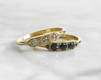 Art Deco diamanten gouden ring, delicate diamanten ring, kleine diamanten ring, delicate gouden ring voor vrouwen, zwarte diamanten ring, stapelbare ringen