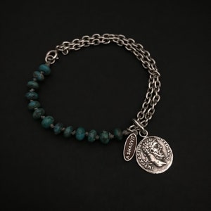 Men&#39;s sterling silver coin bracelet with turquoise beads, Turquoise beaded bracelet, Boho Jewelry, Mens Bracelet, Oxidized Silver