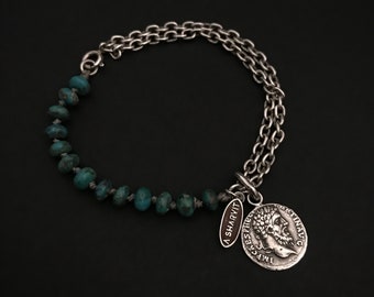 Sterlingzilveren herenmuntarmband met turquoise kralen, turquoise kralenarmband, boho-sieraden, herenarmband, geoxideerd zilver