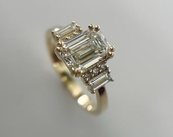 Smaragd geslepen lab diamanten ring | 14K massief gouden verlovingsring | Vintage art-decostijl | Diamantring stokbrood | Ethische bruidssieraden