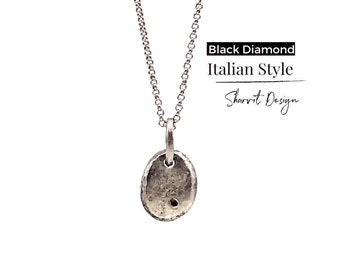 Mens Silver Black Diamond Necklace, Womens Silver Necklace, Italian Style Necklace, Boho Silver Necklace, Diamond Silver Necklace, Mens Gift