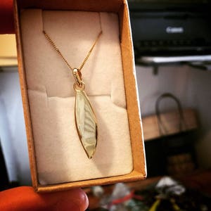 May include: A gold chain necklace with a long, thin, leaf-shaped pendant. The pendant is smooth and shiny.
