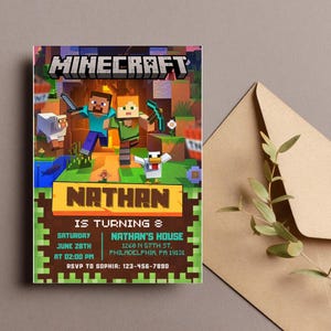 Bearbeitbare Minecraft-Geburtstagseinladung, bearbeitbare Canva-Vorlage, Mine Crafter Partykarte Digitaler Download, druckbare Gamereinladung
