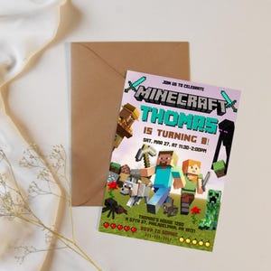 Minecraft Geburtstagseinladung, druckbare Gamer einladen, bearbeitbare Canva Vorlage, Mine Crafter Party Karte Digitaler Download für Jungen und Mädchen