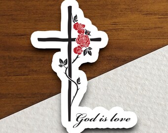 God Is Love Cross Sticker | Christian Rose Cross Vinyl Decal | Religious Faith Sticker | Bible Verse Inspired Gift | Floral Cross Sticker