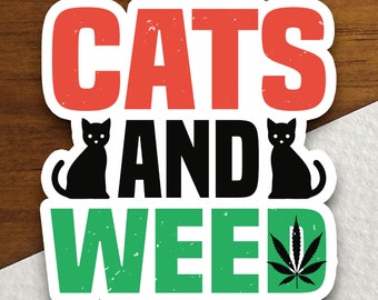Aufkleber „Katzen und Gras“, süßer Katzen-Vinylaufkleber, lustiger Aufkleber für Katzenliebhaber, Aufkleber mit Cannabisblatt, Geschenk für Kiffer, Kawaii-Tieraufkleber