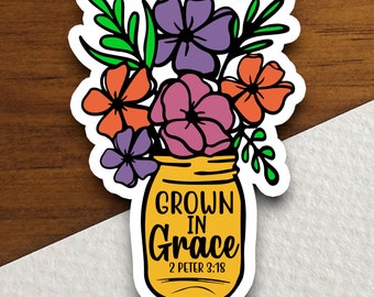 Pegatina "Crecido en la Gracia": Fe cristiana, tarro de cristal con flores