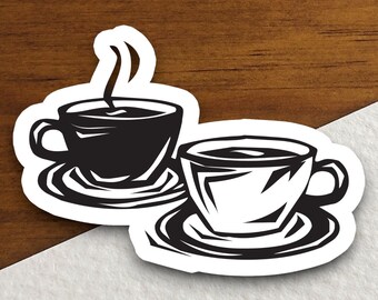 Coffee Cups and Saucer Sticker, Cute Coffee Lover Vinyl Sticker, Funny Coffee Decal, Coffee Shop Gift, Caffeine Lover Sticker, Kitchen Decor