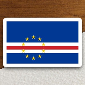 May include: A sticker featuring the flag of Cape Verde. The flag is blue with a red horizontal stripe in the center and a circle of ten yellow stars in the upper left corner.