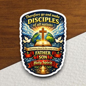 May include: A sticker with a religious theme. The design features a cross, an open book, and the Earth, with text that reads "Therefore go and make DISCIPLES of all nations" and "Baptizing them in the name of the FATHER SON Holy Spirit."