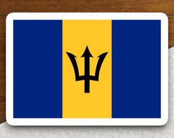 May include: A sticker featuring the flag of Barbados. The flag is a blue field with a yellow vertical band in the center. The yellow band features a black trident.