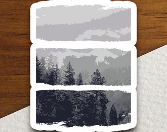 Sticker met berg- en boslandschap, vinylsticker met wildernismotief, cadeau voor natuurliefhebbers, kampeersticker, wandelcadeau, decoratie voor buitenavonturen
