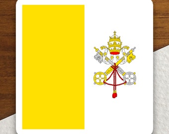 May include: A yellow and white flag with the coat of arms of Vatican City. The coat of arms features two crossed keys, a papal tiara, and a red tassel.
